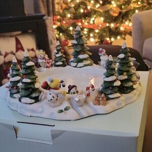 PartyLite Festive Snowman and Tree 3 Wick Candle Holder With Snuffer